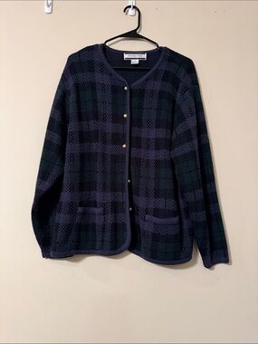 Vintage Crystal-Kobe Black, Grey, & Green Plaid Button-Front Cardigan